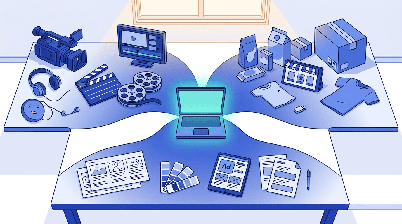 Overhead view of a workspace where content tools, commerce products, and creative materials flow together toward a central glowing laptop