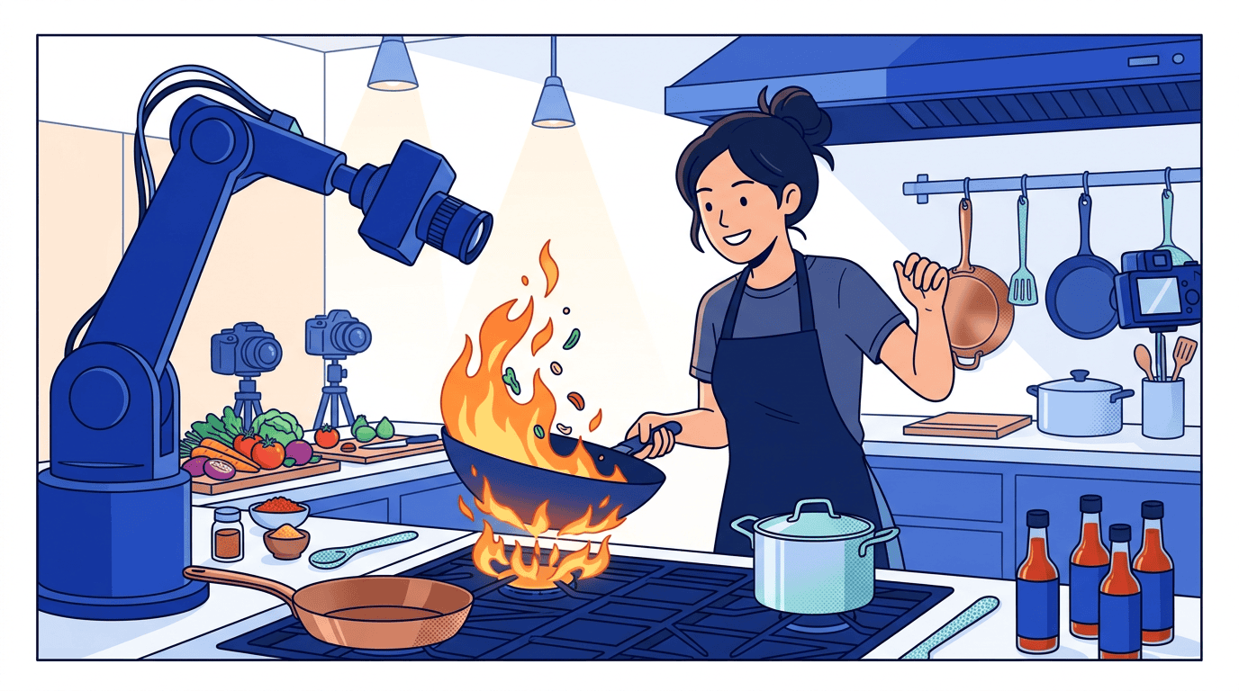 Juno Park in her element — filming herself cooking with flames and a robotic camera arm, her hot sauce bottles visible on the counter